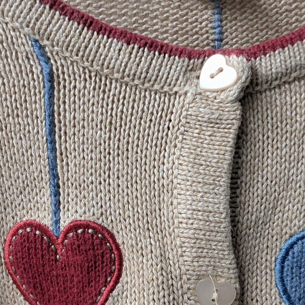 Vtg Cardigan Tan Heart Embroidered Button Front Sz M Grandmacore Valentines Day - Picture 3 of 7